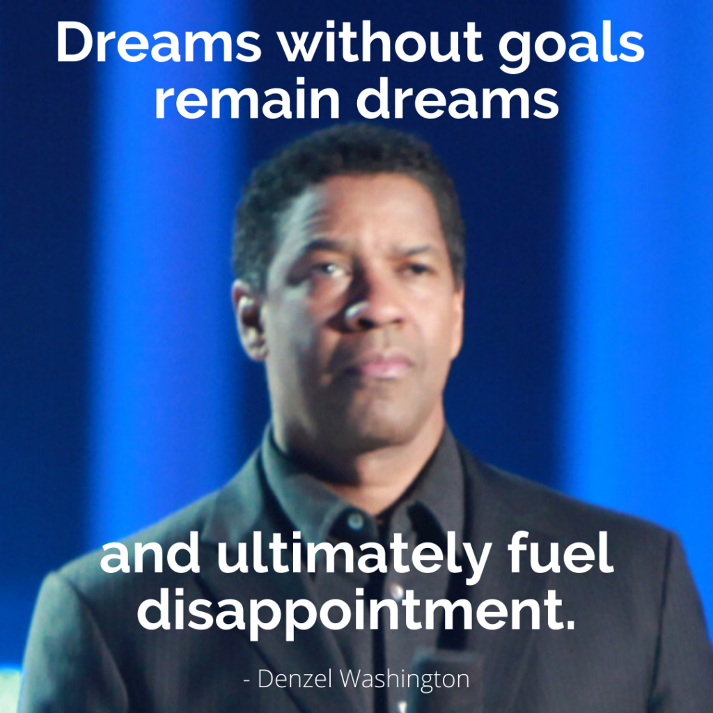 "Dreams without goals remain dreams and ultimately fuel disappointment" - Denzel Washington, quote image created and used under Creative Commons license.