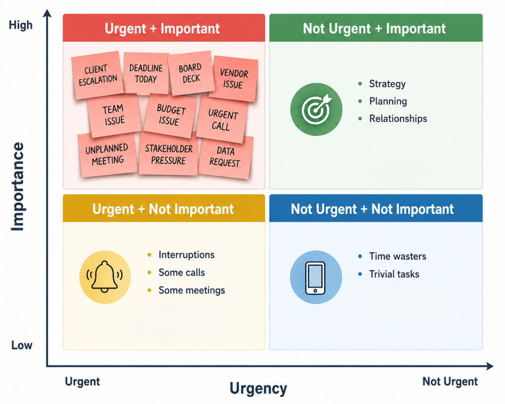 This is an example of a 4-quadrant "Eisenhower" matrix, where the "urgent and Important" quadrant is overloaded with action items.